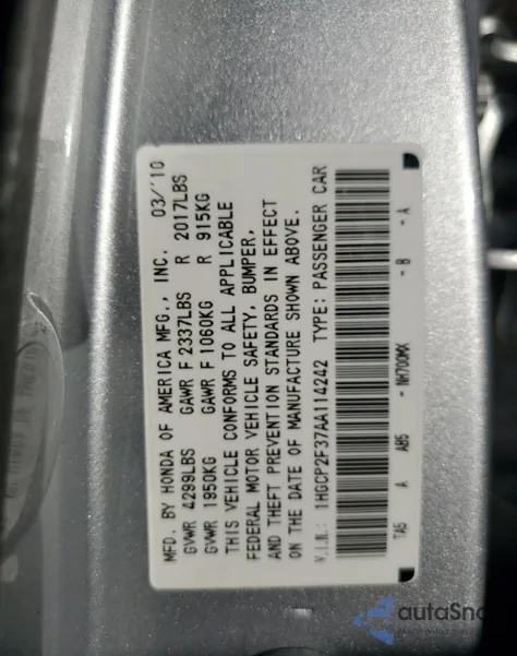 2010 Honda Accord Lx from USA, damaged, VIN 1HGCP2F37AA114242